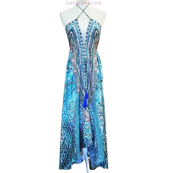 NWT La Moda Boho Bead Embellished Watercolor Hi-low Beach Cover-up Maxi Dress - Picture 4 of 9